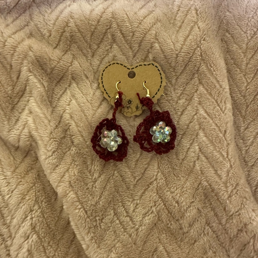 Handmade Burgundy Crochet Earrings with Floral Accent